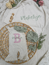 Load image into Gallery viewer, Personalized Baby Girl Outfit | Oatmeal Flutter Sleeve Romper Pink Big Initial Sage Custom Name

