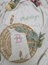 Load image into Gallery viewer, Personalized Baby Girl Outfit | Oatmeal Flutter Sleeve Romper Pink Big Initial Sage Custom Name
