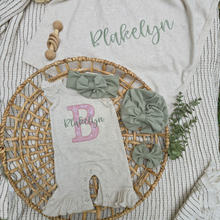 Load image into Gallery viewer, Personalized Baby Girl Outfit | Oatmeal Flutter Sleeve Romper Pink Big Initial Sage Custom Name
