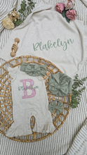 Load image into Gallery viewer, Personalized Baby Girl Outfit | Oatmeal Flutter Sleeve Romper Pink Big Initial Sage Custom Name
