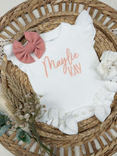 Load image into Gallery viewer, Personalized Baby Girl Newborn Outfit - White Ruffle Sweater Romper Custom Color Baby Name
