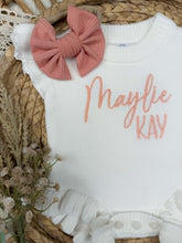 Load image into Gallery viewer, Personalized Baby Girl Newborn Outfit - White Ruffle Sweater Romper Custom Color Baby Name
