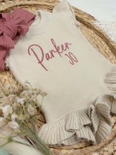 Load image into Gallery viewer, Personalized Baby Girl Newborn Outfit | Oatmeal Ruffle Sweater Romper Custom Color Baby Name
