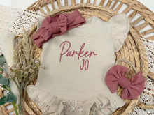 Load image into Gallery viewer, Personalized Baby Girl Newborn Outfit | Oatmeal Ruffle Sweater Romper Custom Color Baby Name
