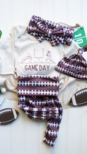 Load image into Gallery viewer, Football Baby Outfit | Oatmeal Bodysuit Football Pattern - Game Day
