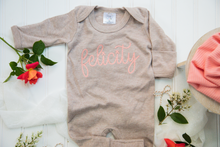 Load image into Gallery viewer, Personalized Baby Girl Outfit | Mocha Brown Romper Coral Pink Chunky Chain Custom Baby Name
