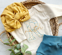 Load image into Gallery viewer, Personalized Baby Girl Outfit | Blue White Floral Initial Golden Yellow Baby Name
