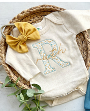 Load image into Gallery viewer, Personalized Baby Girl Outfit | Blue White Floral Initial Golden Yellow Baby Name
