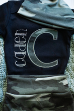 Load image into Gallery viewer, Personalized Camo Baby Boy Outfit | Summer Black Bodysuit With Camo Initial Green Baby Name
