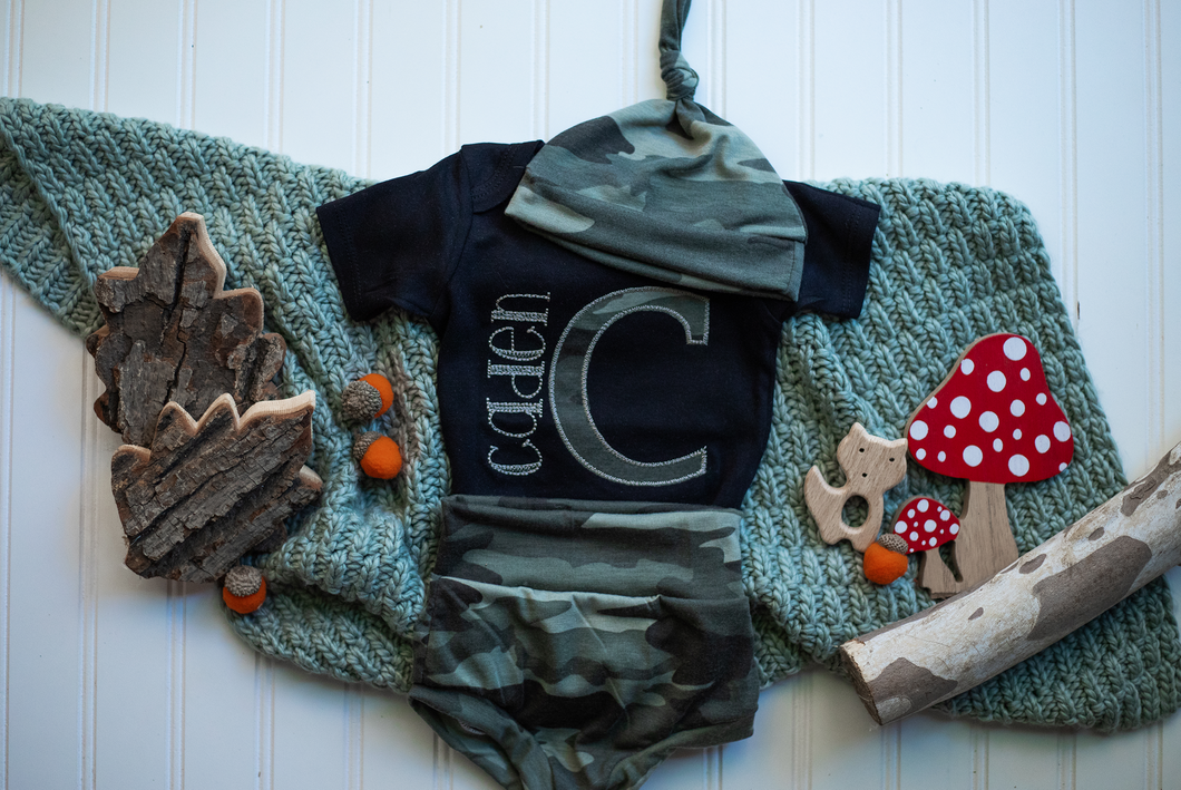 Personalized Camo Baby Boy Outfit | Summer Black Bodysuit With Camo Initial Green Baby Name