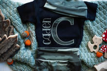 Load image into Gallery viewer, Personalized Camo Baby Boy Outfit | Summer Black Bodysuit With Camo Initial Green Baby Name
