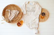 Load image into Gallery viewer, Personalized Baby Boy Outfit | Oatmeal Romper Beige Stripe Big Letter Taupe Baby Name - Liam
