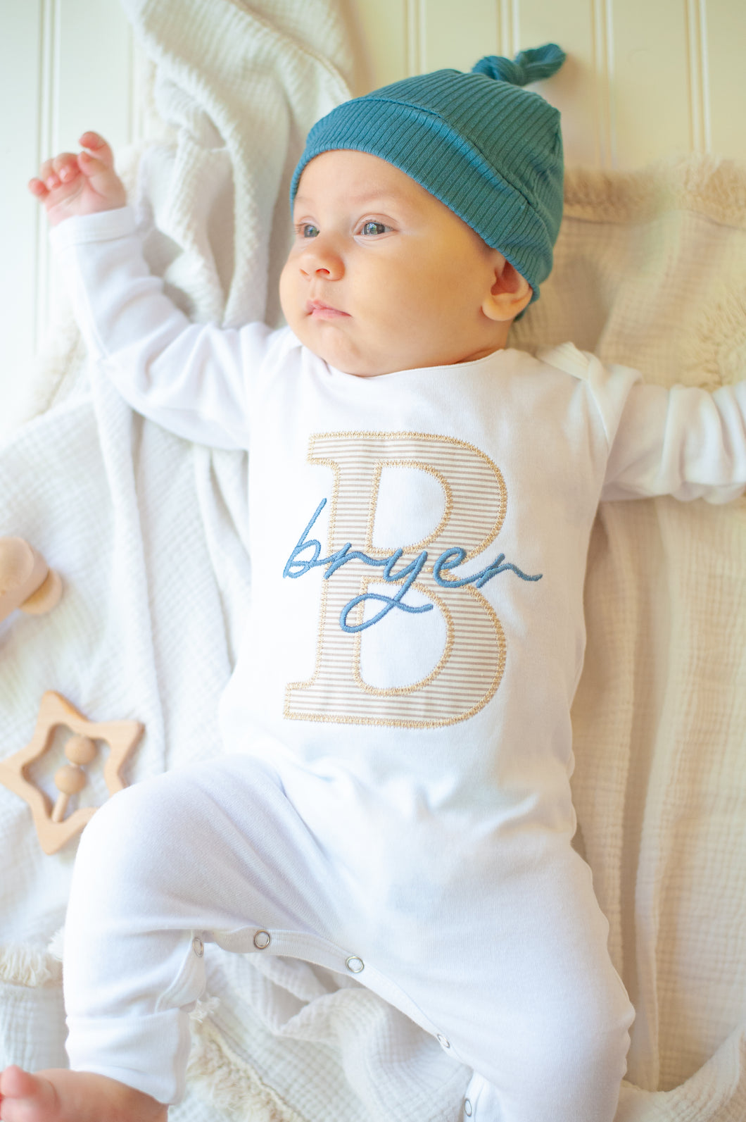 Personalized Newborn Baby Boy Outfit | White Romper Beige Stripe Blue Baby Name - Bryer Henry