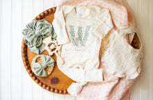 Load image into Gallery viewer, Personalized Newborn Baby Girl Romper | Oatmeal Romper Floral Initial Sage Green Baby Name - Wrenly Payton Maelyn
