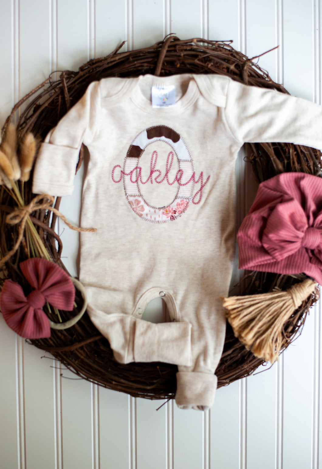 Personalized Baby Girl Outfit | Oatmeal Beige Romper Western Farm Baby Name - Oakley