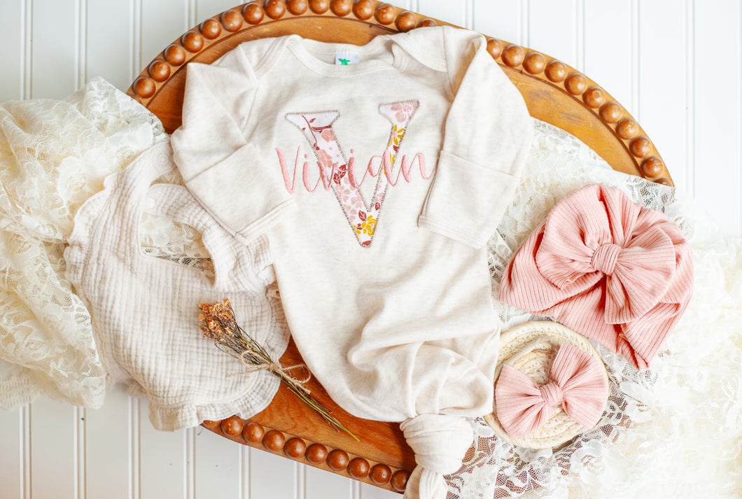 Personalized Baby Girl Outfit | Oatmeal Knotted Gown Floral Pink Gold - Vivian Elizabeth