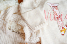 Load image into Gallery viewer, Personalized Baby Girl Outfit | Oatmeal Knotted Gown Floral Pink Gold - Vivian Elizabeth
