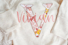 Load image into Gallery viewer, Personalized Baby Girl Outfit | Oatmeal Knotted Gown Floral Pink Gold - Vivian Elizabeth
