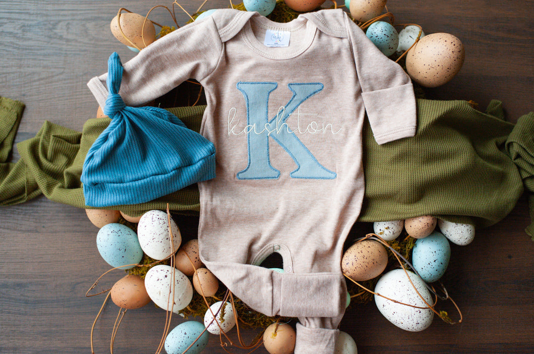 Personalized Baby Boy Name Outfit | Mocha Brown Romper Blue Initial - Kashton