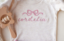 Load image into Gallery viewer, Personalized Baby Girl Outfit | Oatmeal Bodysuit Pink Ballet Bow Initial Baby Name
