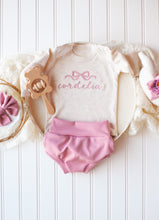 Load image into Gallery viewer, Personalized Baby Girl Outfit | Oatmeal Bodysuit Pink Ballet Bow Initial Baby Name
