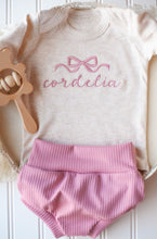 Load image into Gallery viewer, Personalized Baby Girl Outfit | Oatmeal Bodysuit Pink Ballet Bow Initial Baby Name

