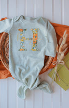 Load image into Gallery viewer, Personalized Baby Girl Outfit | Sage Green Knotted Gown Floral Gold - Hayes
