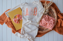 Load image into Gallery viewer, Personalized Baby Girl Outfit | Oatmeal Baby Tie Gown Floral Pink Yellow Baby Name- Layne
