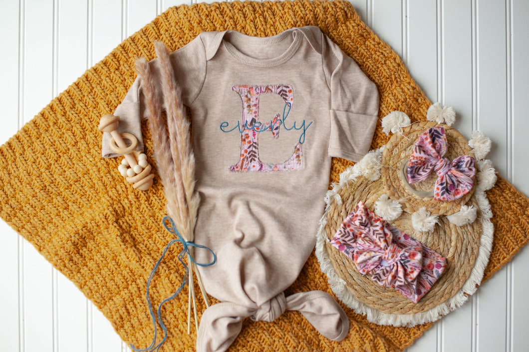 Personalized Baby Girl Outfit | Mocha Brown Knotted Gown Floral Pink Teal Baby Name