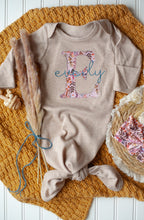 Load image into Gallery viewer, Personalized Baby Girl Outfit | Mocha Brown Knotted Gown Floral Pink Teal Baby Name
