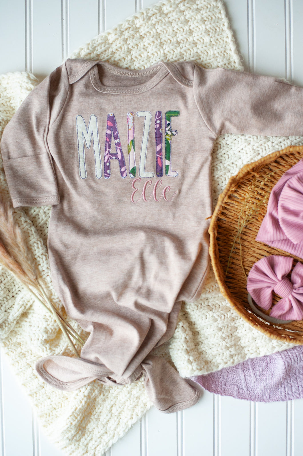 Personalized Baby Girl Outfit | Mocha Brown Baby Tie Gown Purple Pink Baby Name