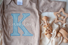 Load image into Gallery viewer, Personalized Baby Boy Name Outfit | Mocha Brown Romper Blue Initial - Kashton
