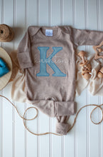 Load image into Gallery viewer, Personalized Baby Boy Name Outfit | Mocha Brown Romper Blue Initial - Kashton
