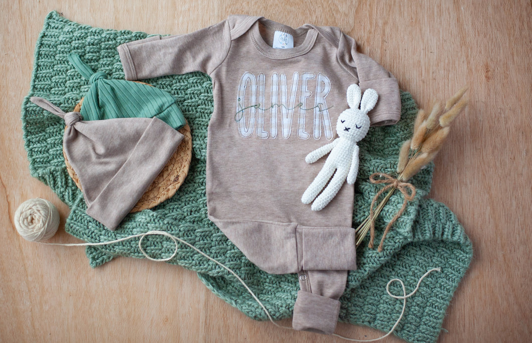 Personalized Newborn Baby Boy Outfit | Mocha Romper Beige Stripe Green Baby Name - Oliver James