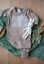 Load image into Gallery viewer, Personalized Newborn Baby Boy Outfit | Mocha Romper Beige Stripe Green Baby Name - Oliver James
