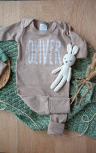 Load image into Gallery viewer, Personalized Newborn Baby Boy Outfit | Mocha Romper Beige Stripe Green Baby Name - Oliver James
