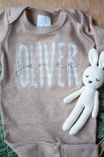 Load image into Gallery viewer, Personalized Newborn Baby Boy Outfit | Mocha Romper Beige Stripe Green Baby Name - Oliver James
