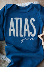 Load image into Gallery viewer, Personalized Baby Boy Outfit | Navy Blue Knotted Gown Beige Custom Baby Name - Atlas
