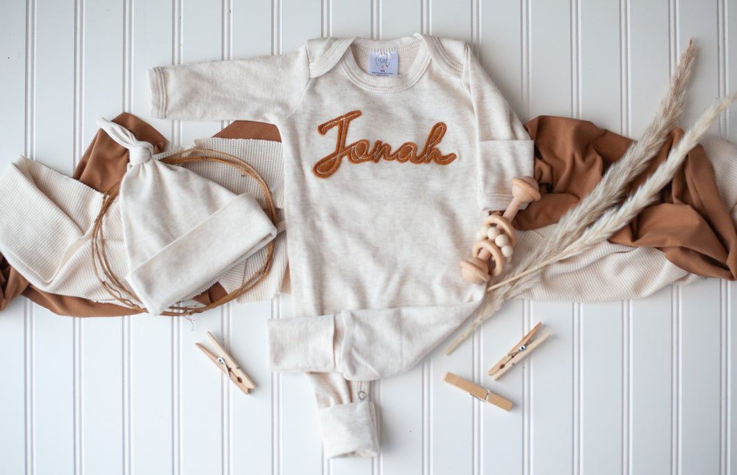 Personalized Newborn Baby Boy Outfit | Oatmeal Romper Rust Felt Baby Name - Jonah