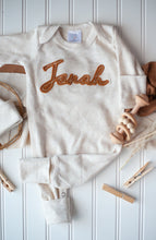 Load image into Gallery viewer, Personalized Newborn Baby Boy Outfit | Oatmeal Romper Rust Felt Baby Name - Jonah
