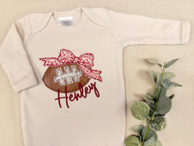 Load image into Gallery viewer, Baby Girl Football Outfit &amp; Bow | Personalized Baby Game Day Romper
