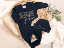 Load image into Gallery viewer, Personalized Baby Boy Coming Home Outfit – Navy Footie &amp; Hat
