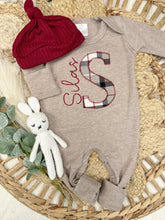 Load image into Gallery viewer, Personalized Baby Boy Name Outfit | Mocha Brown Romper Red Plaid Initial
