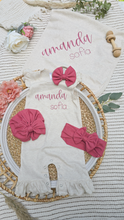 Load image into Gallery viewer, Personalized Baby Girl Outfit | Oatmeal Flutter Sleeve Romper Deep Pink Custom Name

