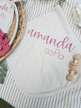 Load image into Gallery viewer, Personalized Baby Girl Outfit | Oatmeal Flutter Sleeve Romper Deep Pink Custom Name
