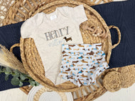 Personalized Baby Boy Outfit | Oatmeal Beige Bodysuit Dog Blue Custom Name
