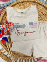 Load image into Gallery viewer, Fourth of July toddler shorts set / patriotic airplane outfit for boys
