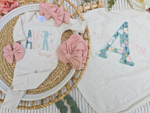 Load image into Gallery viewer, Personalized Baby Girl Outfit On An Oatmeal Romper Sage Green and Pink Baby Name
