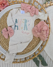 Load image into Gallery viewer, Personalized Baby Girl Outfit On An Oatmeal Romper Sage Green and Pink Baby Name
