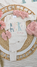 Load image into Gallery viewer, Personalized Baby Girl Outfit On An Oatmeal Romper Sage Green and Pink Baby Name
